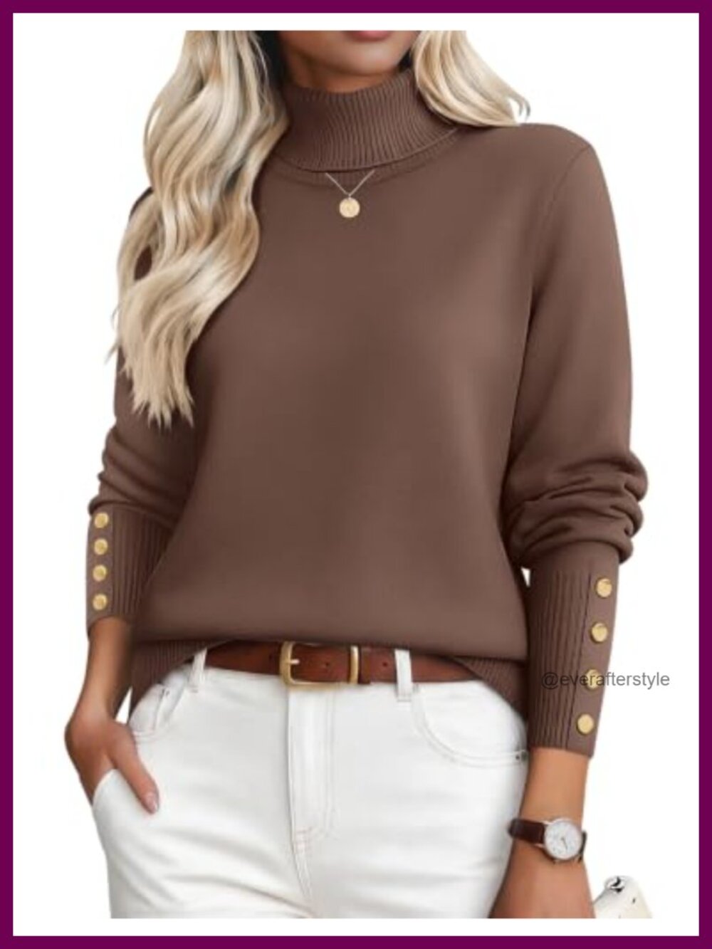 Womens Ribbed Turtleneck Pullover Sweater Long Sleeve Button Cuff Fall Winter